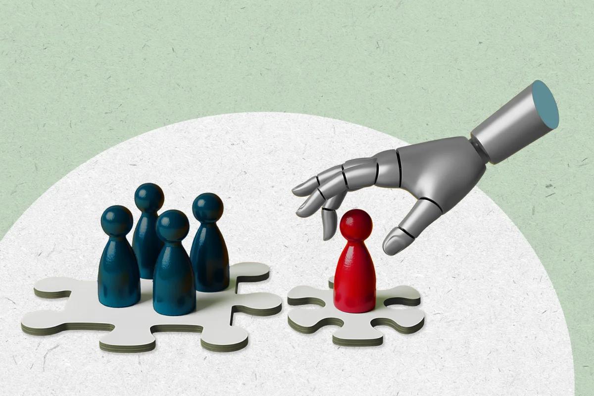 illustration of robotic hand moving pawns atop puzzle pieces