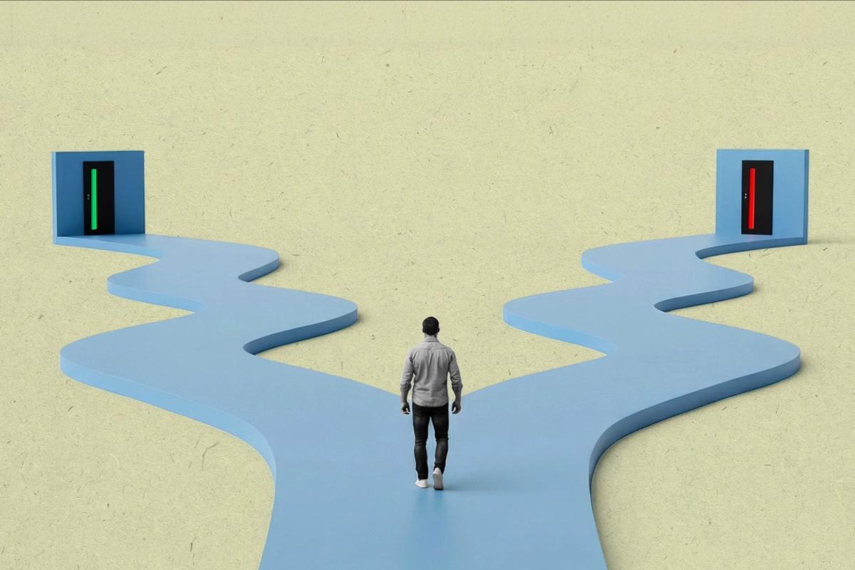 illustration of a person standing at a fork in the road