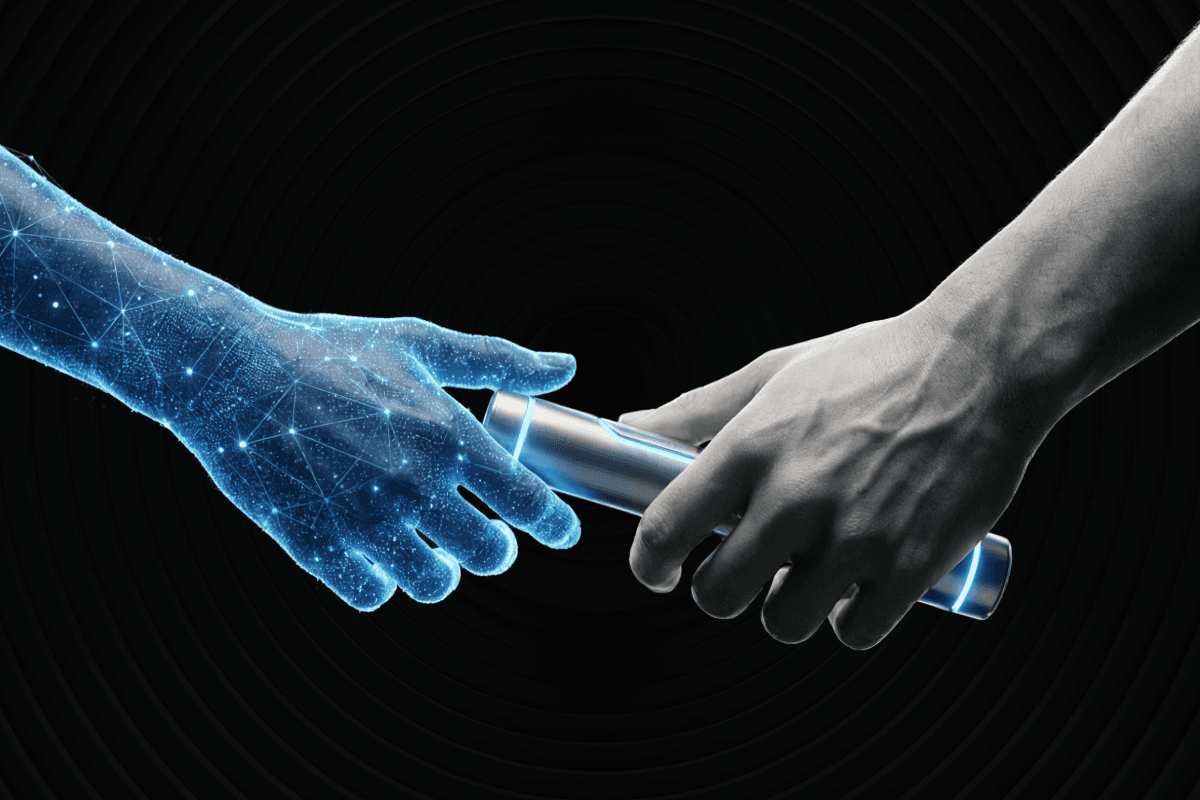 illustration of robot hand and human hand passing a baton