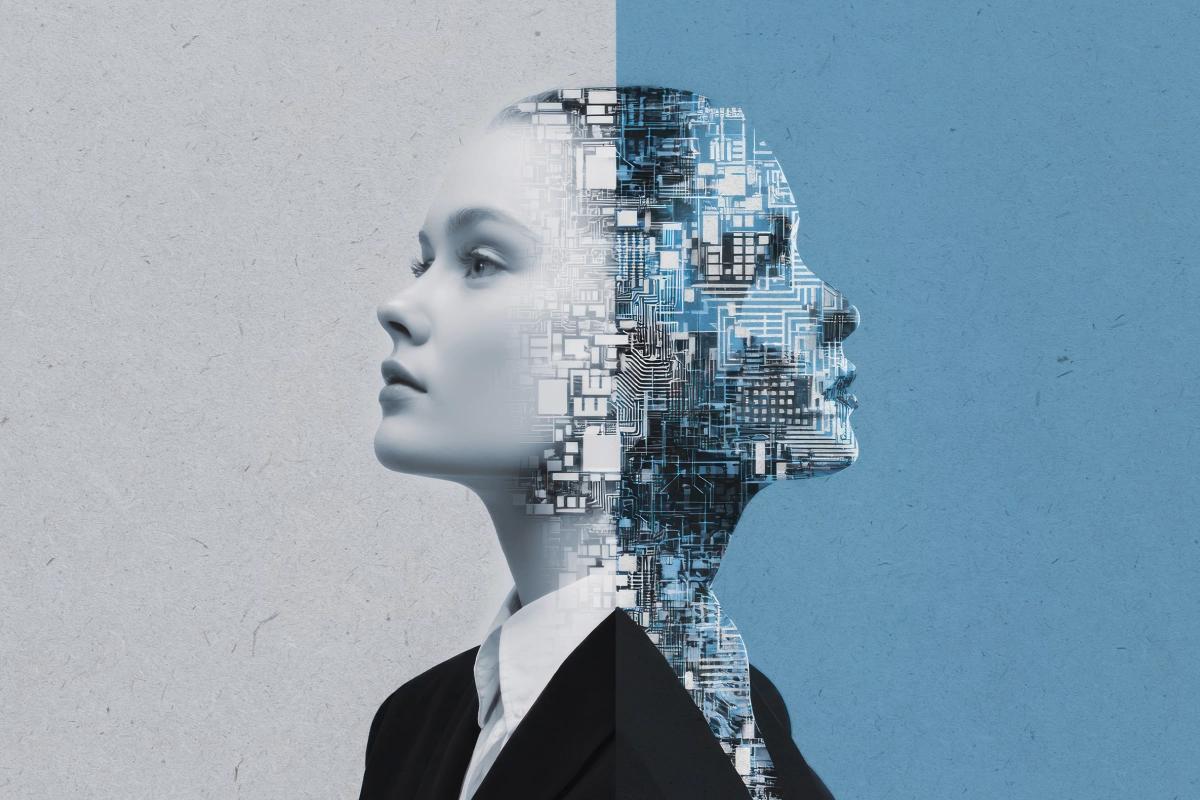 illustration of a woman's head that is part human, part robot