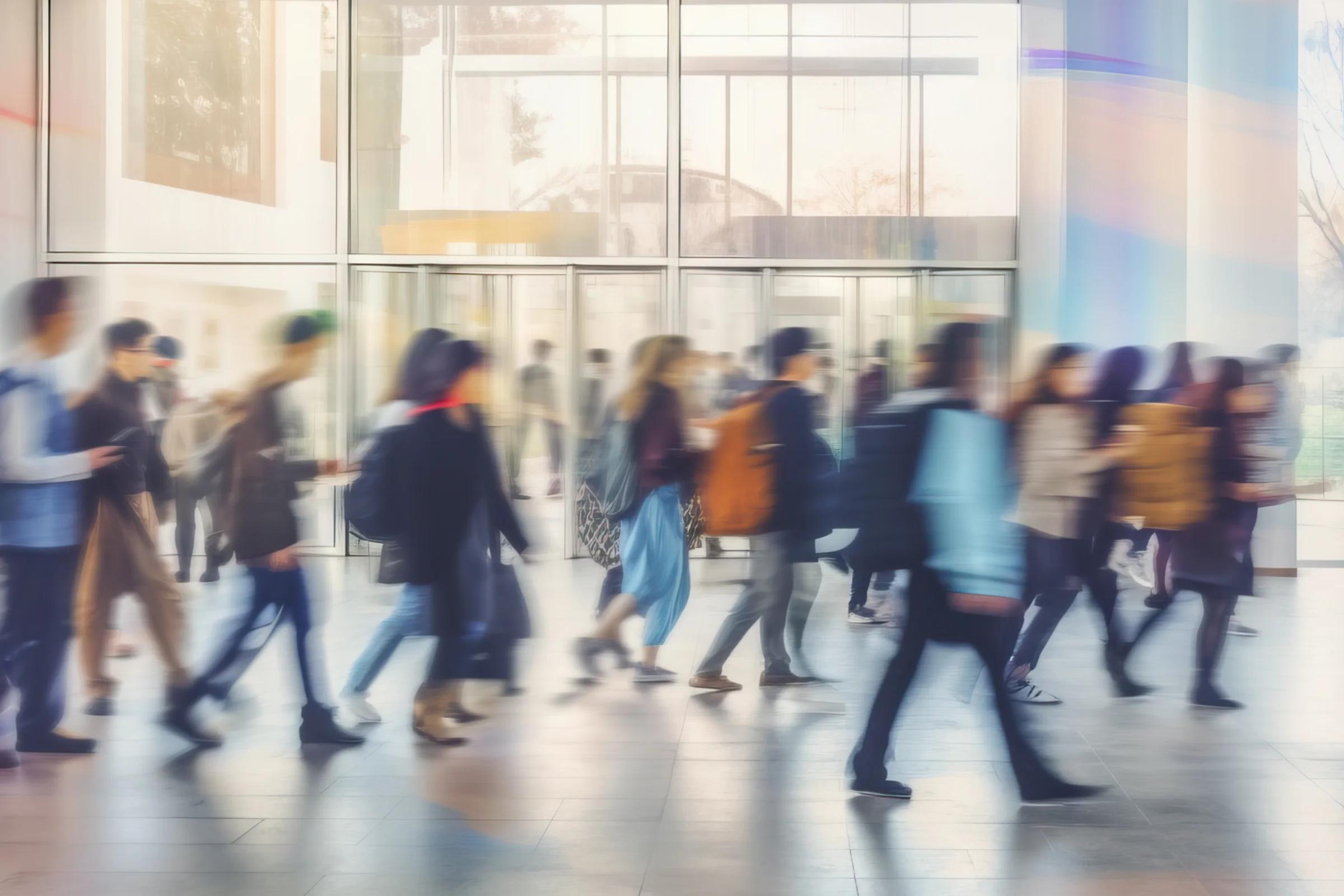 Image of college students rushing to classes